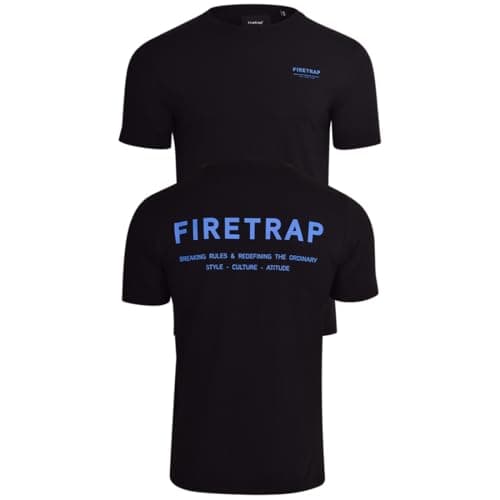 Image of Firetrap Men's T-Shirt Cotton Crew Neck | Branded Logo Tee Front Back Print | Urban Streetwear Fashion Top | Classic Fit Casual Wear Black M