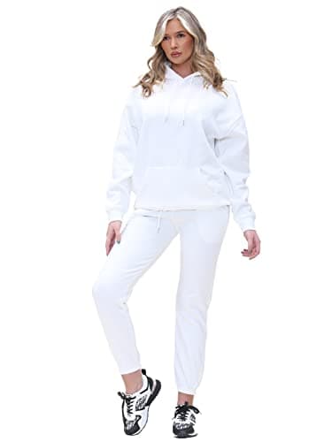 Image of BRAND KRUZE Womens Long Sleeve Oversized Hoodie Two Piece Outfit Jogger Tracksuit Set Hoody & Sweatpants KZLHD130 HOODY OFF WHITE S & KZLJG136 JOGGER OFF WHITE S