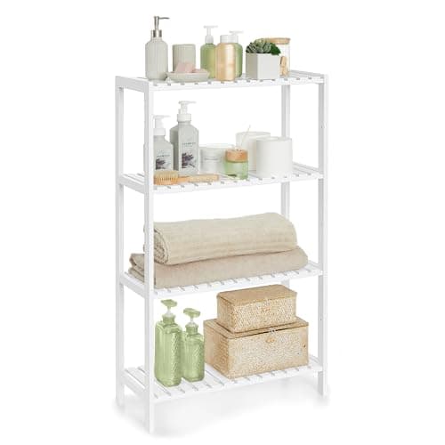 Image of SONGMICS Bamboo Storage Shelf, 4-Tier Shelving Unit, Multifunctional, in the Hallway, Bathroom, Living Room, Balcony, Kitchen, 26 x 60 x 100 cm, White BCB034W01