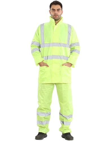 Image of kraftd Unisex Hi Vis Viz Plain Rainsuit 2 Piece High Visibility Rain Jacket Trouser Waterproof Workwear Yellow