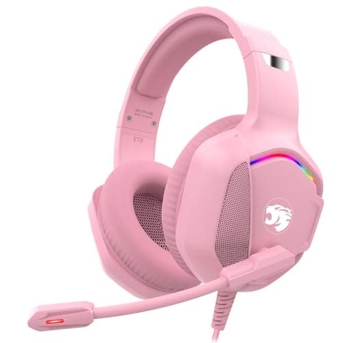 Image of IMYB Gaming Headset with Microphone for Pc, Xbox One Series X/s, Ps4, Ps5, Stereo Wired Noise Cancelling Over-Ear Headphones with Mic, RGB, for Computer, Laptop, Mac, Gamer (Pink)