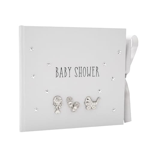 Image of Happy Homewares Modern Soft Grey Baby Shower Photo Album with Silver Plated Rattle Pram and Booties | Faux Silk Ribbon | Small Silver Stars