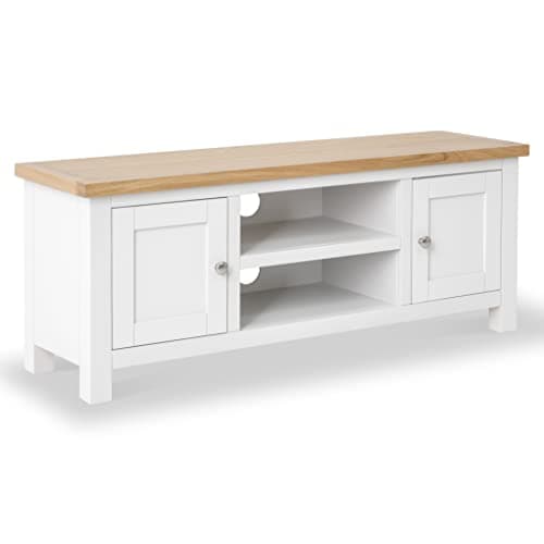 Image of Farro White TV Unit for Living Room | Roseland Furniture Fully Assembled 120cm Large Painted Solid Wooden Television Cabinet Stand with Oak Top | Suitable for TVs up to 54 inches
