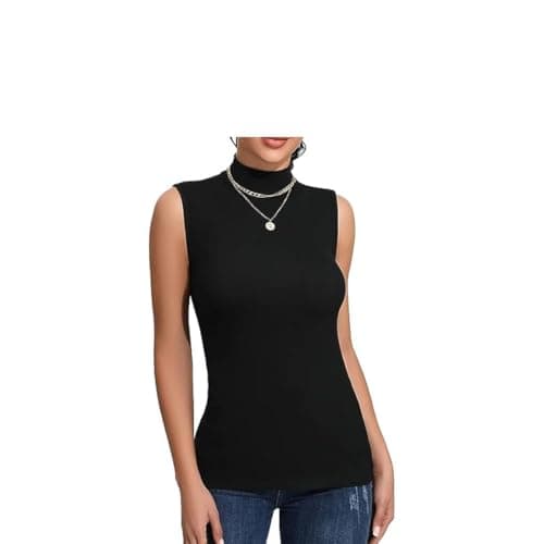 Image of Prime fashions - New Ladies Turtle Neck Sleeveless Stretch Plain Polo Top Women’s Jumper – Casual Wear – Roll Neck – Summer Wear (M-L, Black)