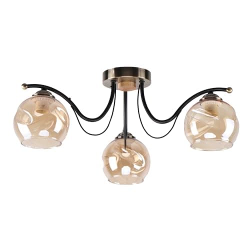 Image of TEKLED Amber Glass Dome Black and Antique Brass Metal Semi Flush Ceiling Light | E27 Fitting | Elegance Design Decorative Lighting | For Living Rooms Dining Halls Hallways | 3 Lamp (Bulb not Included)