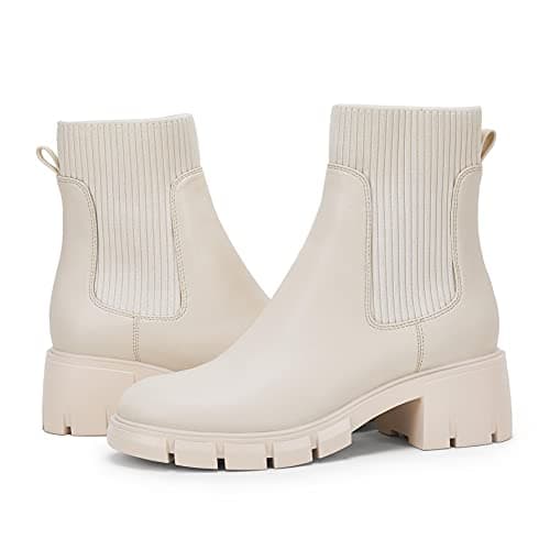 Image of Womens Lug Sole Platform Ankle Boots Elastic Chunky Block Heel Non-Slip Combat Comfortable Chelsea Booties, Cream, 7 UK