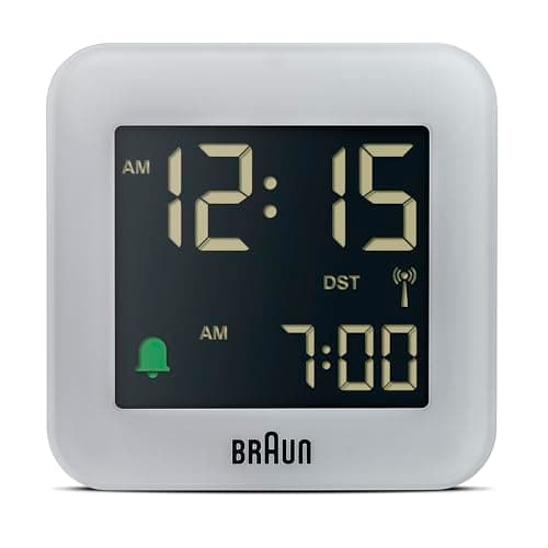 Image of Braun Digital Radio Controlled Travel Alarm Clock For Central European Time Zone (DCF) with Snooze, Compact Size, Negative LCD Display, Quick Set, Crescendo Beep Alarm in Grey, model BC08G-DCF.