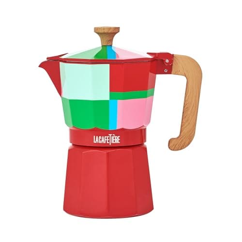 Image of La Cafetière Venice 6 Cup Espresso Maker, 290ml Aluminium Stovetop Coffee Maker with Geometric Design, Gas and Electric Hob Moka Pot with Wooden Handle, Utopian Lines
