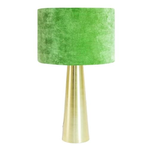 Image of Brown and Ginger Brushed Brass Column Table Lamp with Forest Green Velvet Shade