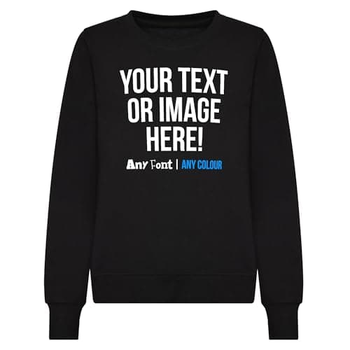Image of Purple Print House Custom Womens Sweatshirt Ladies Fit Any Text Image Personalised Printed Uniform Studio Salon Logo Sweater Photo Jumper, M, Black