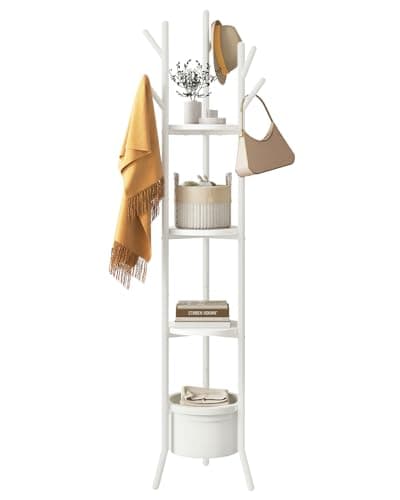 Image of YMYNY Coat Rack, Freestanding Coat Stand with Storage Shelves, 169cm Hall Trees with 3 Wooden Shelves and 1 Fabric Basket, Metal Clothes Stand for Hats Bags Hallway Bedroom White HGR005W