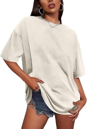 Image of Womens T Shirt Oversized Short Sleeve Tops Summer Round Neck Tees Casual Blouse(White,L)