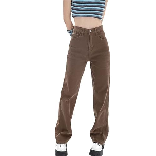 Image of Dninmim Women's Brown Jeans，High Waist Straight Baggy Pants， Vintage Casual Wide Leg Denim Trouser Red Brown L