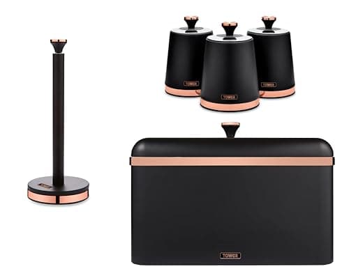 Image of Tower Cavaletto Black Bread Bin, Tea, Coffee, Sugar Canisters and Kitchen Roll Holder. Contemporary Kitchen Storage Set of 5 Items. Matte Black finish with Elegant Rose Gold Accents