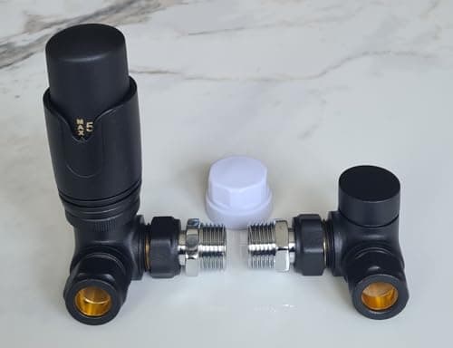 Image of Team Controls Matt Black Corner TRV Thermostatic Radiator Valves Angled Set Pair 15mm x 1/2''