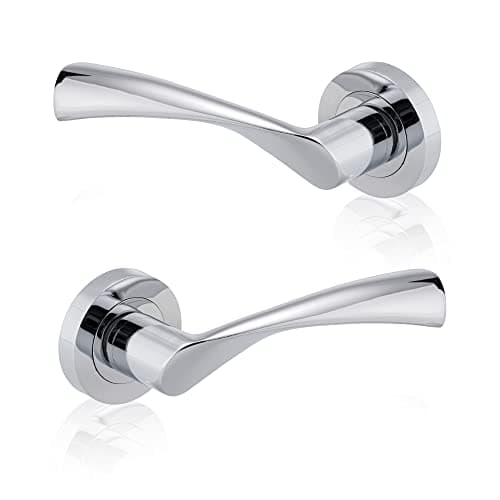 Image of XFORT Polished Chrome Warped Lever On Rose Door Handles, Twisted Lever Latch Rose Door Handle, Ideal for Internal Wooden Doors for Home and Office (1 Pair)