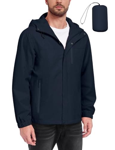 Image of Xnova Mens Waterproof Jackets Lightweight with Hood, Packable Rain Jacket Windbreaker Zipper Rain Coat for Hiking Cycling Outdoor Work, Navy Blue, XXL