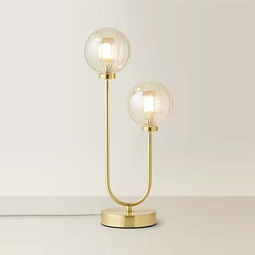 Image of ValueLights | Gold Metal Bar 2 Way Dual Table Lamp with Amber Ribbed Glass Globe Shades | Table Lamps, Home Décor & Improvement Essential