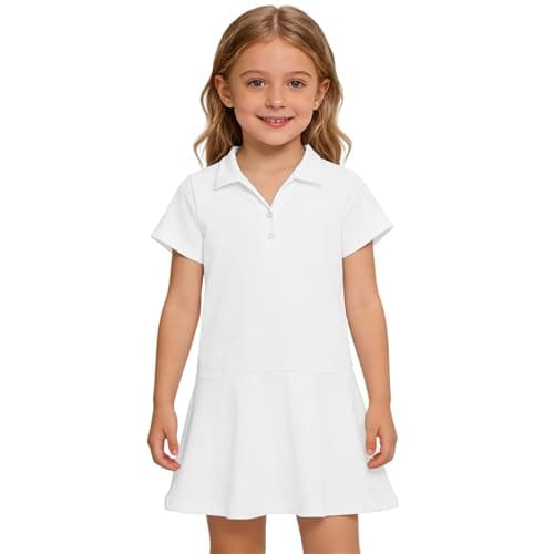 Image of School Uniform Dress for Girls Golf Tennis Short Polo Dress Short Sleeve Lapel Collared A-Line Dresses Teen Girl Summer Casual Solid Color Athletic Dresses (White, 5-6 Years)