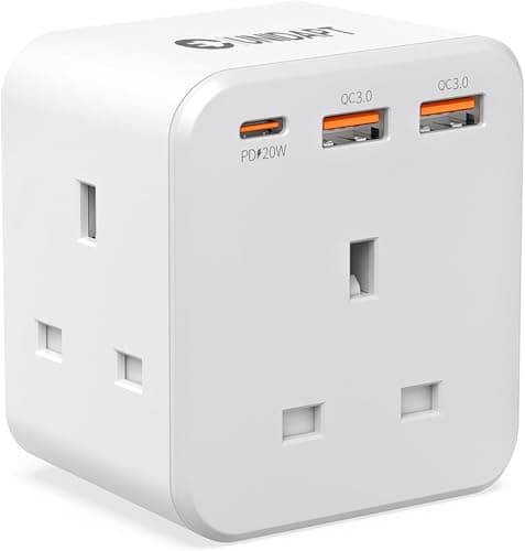 Image of Unidapt 3 Way Plug Adaptor with 3 Fast Charge Ports, Multi Plug Extension with PD 20W USB-C and 2 USB-A QC 3.0, 13A UK Plug Extender Socket, Triple Plug Adapter, Wall Power Cube for Home Office