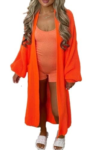 Image of STAR FASHION Womens Long Cardigan Classic Open Front Boyfriend Balloon Sleeve Chunky Knitted Maxi Cardigan Ladies Longline Floaty Side Pockets Sweater One Size Neon Orange