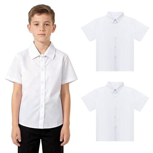 Image of SCCGKP 2 Pack Kid White Short Sleeve School Shirts Polyester Casual Button Down Shirts for 4-16 Years Boys (8-9 Years, 2 White)
