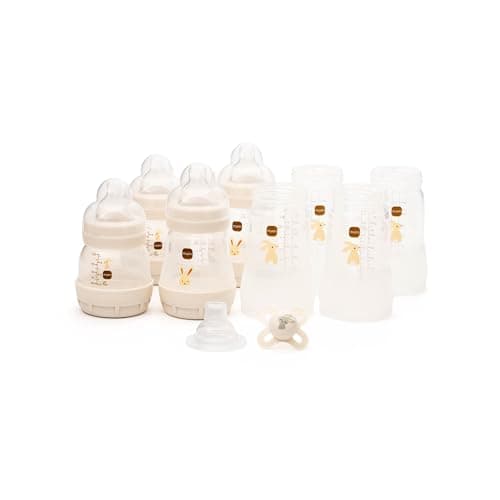 Image of MAM Easy Start Anti-Colic Bottle Starter Set | Includes 4X Feeding Bottles and MAM Original Start 0-2 Month Soother | Self-Sterilising | Baby Gift Set of Newborn Essentials | White (Various Designs)