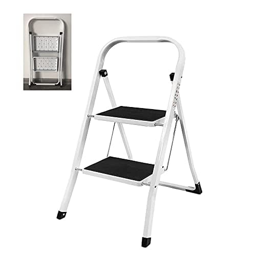 Image of Heavy Duty Steel 2 Step Ladder Portable Compact Folding Metal Stepladder Stool Multi Purpose for Home Garden Warehouse Kitchen Mini Small Stepladder Stable Up to 150kg/330lbs Capacity