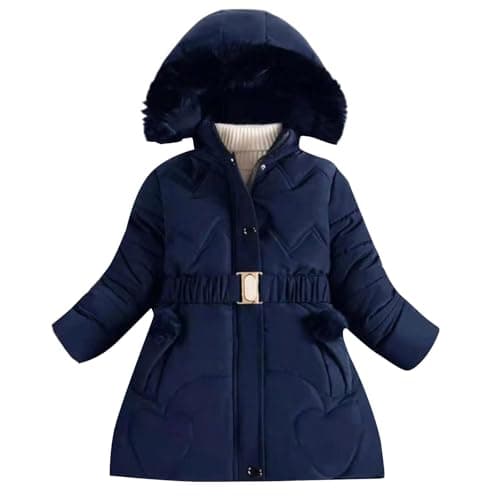 Image of Girls Fleece Lined Puffer Jackets Faux Fur Hooded Winter Coat Full Zip Padded Parka Snow Outwear with Belt Windbreak Thicken Warm Overcoat for Children Ski Jacket Insulated Outwear (Navy, 3-4 Years)