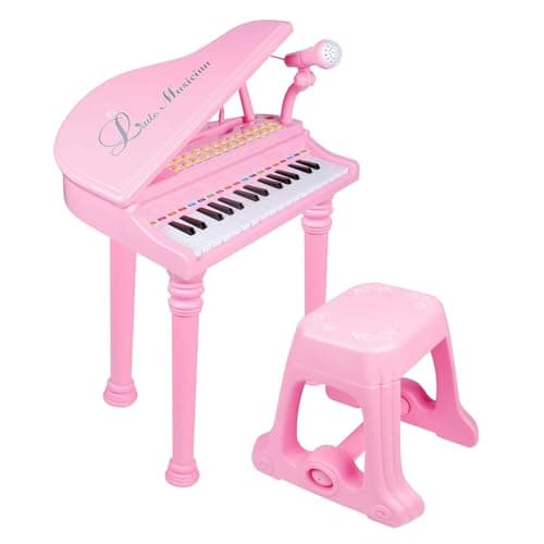 Image of The Magic Toy Shop Pink Piano Keyboard for Kids with Stool & Microphone – 31 Keys, LED Lights, Playback, 22 Demo Songs – Small Electric Grand Piano – Musical Instruments for Children