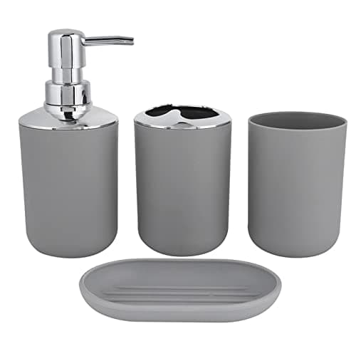 Image of Hosoncovy 4 Pieces Bathroom Accessory Set with Soap Dispenser, Bathroom Cup, Soap Dish ，Toothbrush and Toothpaste Holder (Grey)