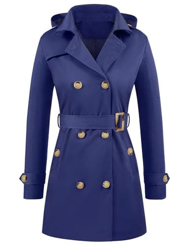 Image of Tuopuda Women's Waterproof Trench Coat Double-Breasted Classic Lapel Overcoat Belted Slim Fit Jackets Outerwear Coat with Detachable Hood(Navy,XL)