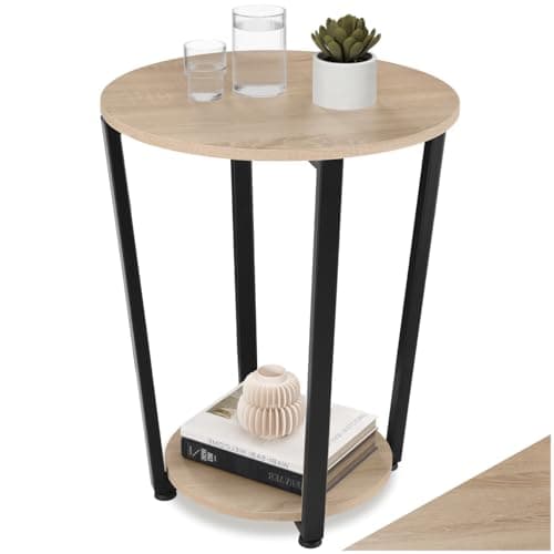 Image of tectake® Round Side Table in Industrial Style, Bedside Table with Sturdy Steel Frame & Rustic Wooden Shelves, Easy Assembly, Ideal for Living Room, Bedroom, Hallway, Ø50 x 62.5 cm - Light Wood