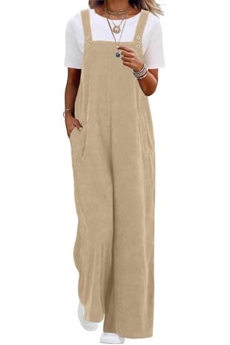 Image of QIXING Womens Corduroy Dungarees Wide Leg Cord Jumpsuit Casual Overalls with Pockets UK (Light Khaki, L)