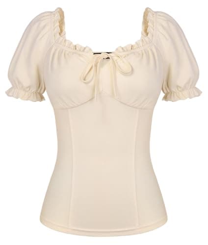 Image of SCARLET DARKNESS Women's Renaissance Puff Sleeves Blouse Medieval Square Neck Retro Ruffles Top Apricot XXL