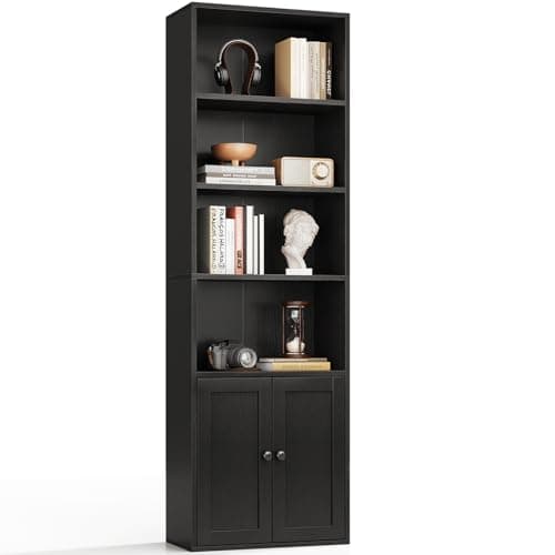 Image of Coleshome 6-Tier Bookcase with Doors and Cabinet, Bookshelf Floor Standing Display Storage Shelf, Bookcases for Home, Office, Living Room, Bedroom, Black, 48 x 24 x 176.4