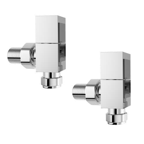 Image of iBathUK Urban Square Radiator Valve Pair Angled, Modern Cube Radiator Valves for Panel, Column, Towel & Designer Radiators, Durable Brass Build Wall/Floor Mounted Radiator Valves in Chrome, 15mm