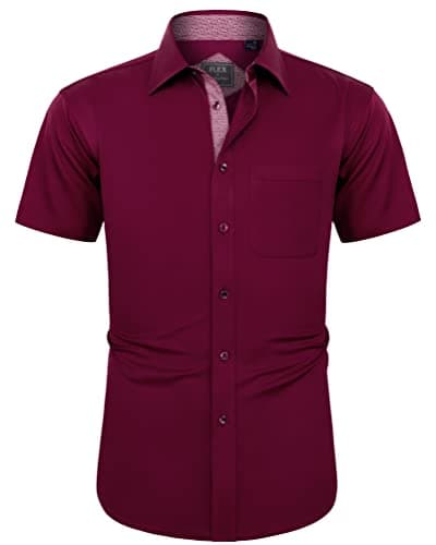 Image of J.VER Men's Dress Shirt Short Sleeve Regular Fit Business Casual Formal Shirt Button Down Wedding Work Office Stretch Non Iron Burgundy Red L