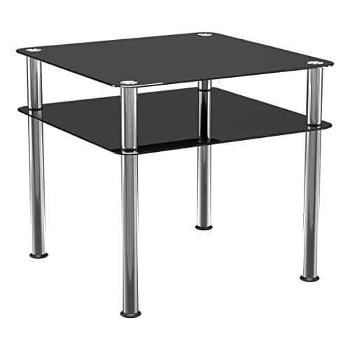 Image of mahara Black Glass Coffee Table - Slimline square side table with shelf and polished stainless steel legs - Small end table W60cm x D60cm x H55cm