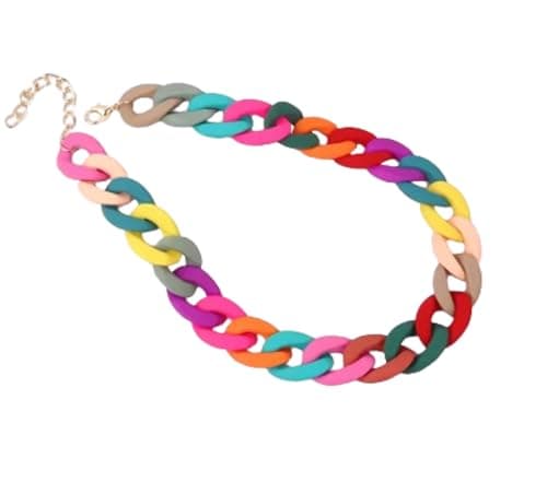 Image of CrownOfRibbons Chunky Multicoloured Chain Statement Necklace, Rainbow Acrylic Links, Fashion Jewellery