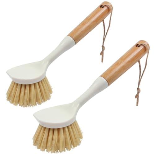 Image of XYGK Dish Brush with Natural Bamboo Handle, 2 PCS Washing Up Brushes for Kitchen, Scrubbing Brush with Tough Bristles, Dish Washing Brushes for Dishes Pots Pans Sink Cleaning