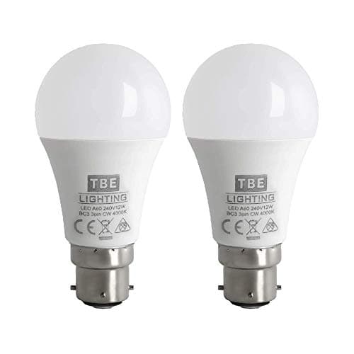 Image of TBE LIGHTING BC3 3 PIN LED Bulbs - 2 Pack - 12w Non-DIMMABLE Energy Saving LED A60 Bulb - Cool White 4000K, 1100 Lumen Output, 20,000Hrs Life Expectancy
