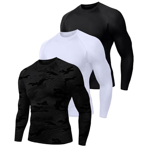 Image of Holure 3 Pack Compression Shirts for Men Long Sleeve Mens Running Top Quick Dry Base Layer Tops for Gym Sports Fitness Workout Black/White/Camo Black-XL