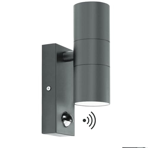 Image of Kerry Outdoor Wall Lights, Up and Down Lamp with Motion Sensor, IP44 Anthracite Grey Stainless Steel Outside Lighting Mains Powered Fixtures, PIR Detector Exterior Sconce