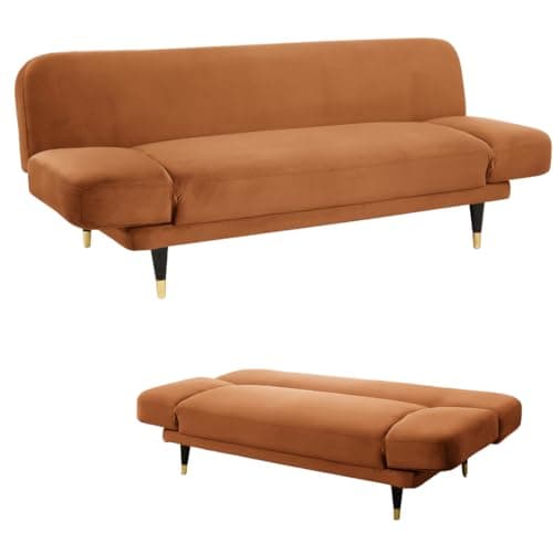 Image of Home Detail Fabric Sofa Bed, Three Seater Fabric Clic Clac Sofabed with Adjustable Armrests 3 Seater Futon in Boucle or Velvet Fabric (Burnt Orange Velvet)