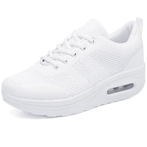 Image of Women's Lightweight Sneakers,Trainers Ladies Casual Comfortable Walking Shoes Platform Wedges Breathable Running Shoes,White-911,6 UK