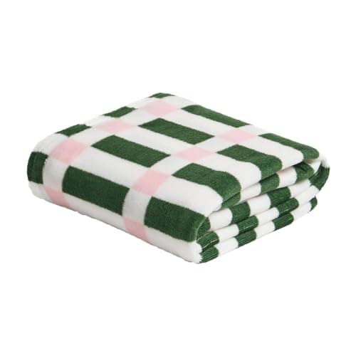 Image of OHS Geometric Throw Blanket for Bed Sofas, Gifts for Women Super Soft Warm Cosy Fleece Blanket Decorative Throw Over Settee Lightweight Comfy Single Bed Throws, Green/Pink - 125 x 150cm