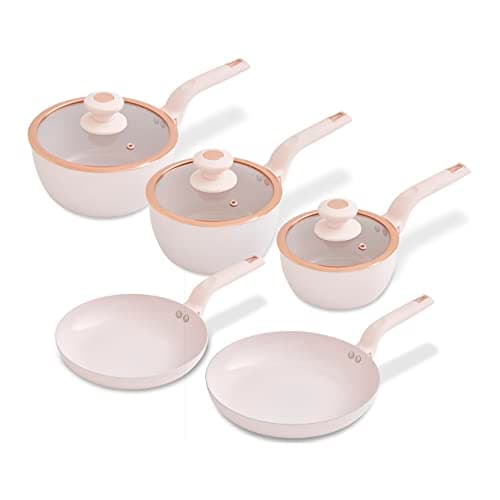 Image of Tower T800232PNK Cavaletto 5 Piece Cookware Pan Set with 16cm, 18cm, 20cm Saucepans and 24cm, 28cm Non-Stick Frying Pans, Pink & Rose Gold