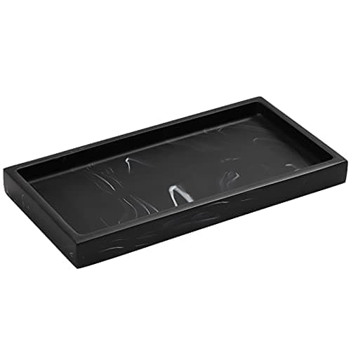 Image of Luxspire Bathroom Vanity Tray, Resin Dresser Jewelry Ring Dish Tank Storage Kitchen Sink Countertop Organizer Plate Holder for Perfume Candles Soap Towel Plant Bathroom Accessories, Mini, Ink Black