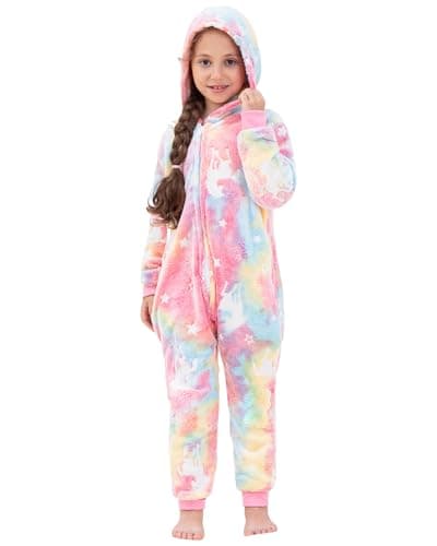 Image of KAKU NANU Girls Onesie Kids Rainbow Unicorn Onesie Fluffy Fleece Jumpsuit Toddler Sleepsuit Unicorn Pink Purple Gifts for Girls Age 3 4 Years
